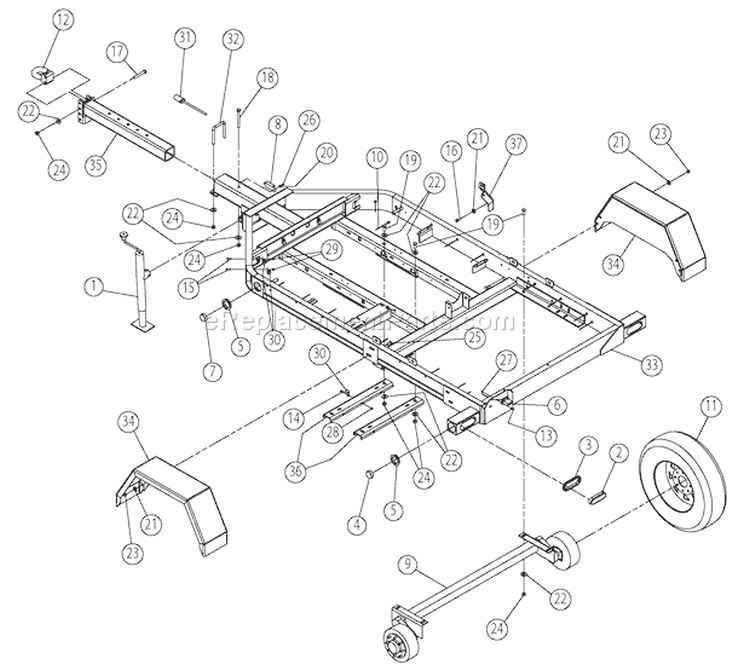 TraileráAssemblyá(74961-00) Diagram and Parts List for CH123DH 7812086 Bear Cat Chipper Shredder